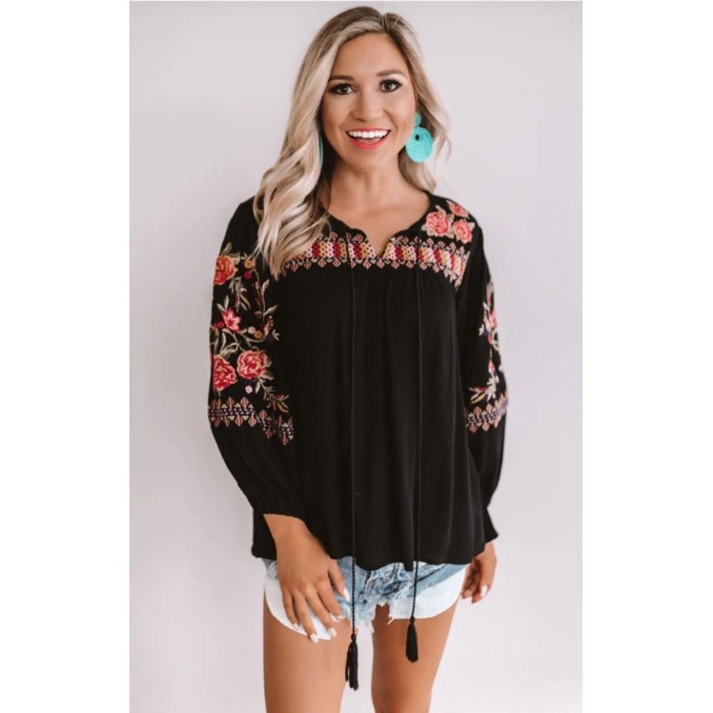Andree by UNIT Black Embroidered Floral Tassel Tie Neck Blouse Size L